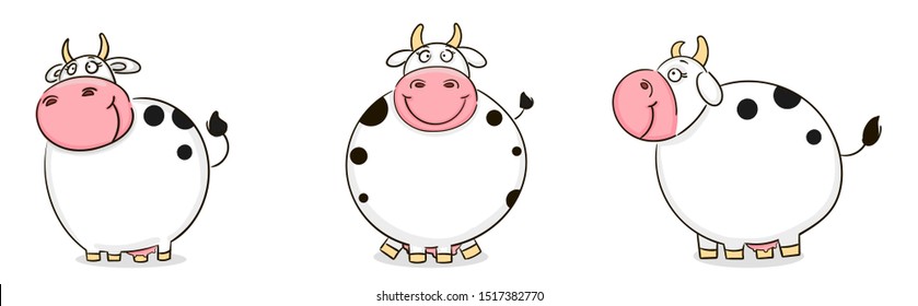 Mano dibujó a Graciosa vaca sonriente. Caricatura de animales salvajes. Dibujo de ilustración vectorial para diseño de pantalones t, adhesivo de corte, impresión de moda, tarjetas gráficas de saludo, carteles, impresiones.