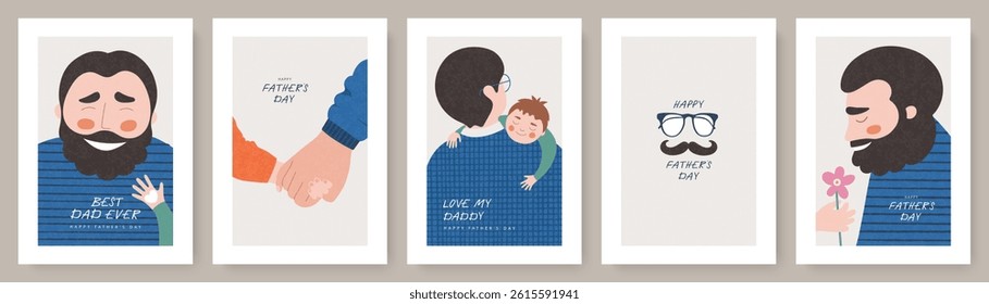 Set of cute Father's Day illustrations featuring dads with children, holding hands, hugging, and receiving flower. Perfect for greeting cards, posters, or social media. Flat cartoon style.