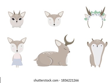 Set with cute fawns on a white background. Vector illustration