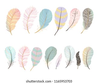 Set of cute feathers silhouettes isolated on white background. Vector illustration.