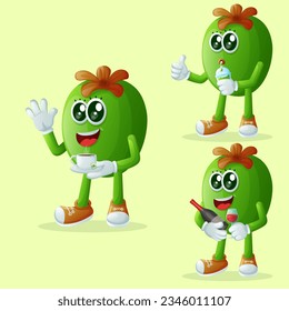 Set of cute Feijoa characters enjoying beverages. Perfect for kids, merchandise and sticker, banner promotion or blog
