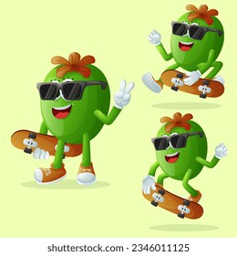 Set of cute Feijoa characters skateboarding. Perfect for kids, merchandise and sticker, banner promotion or blog

