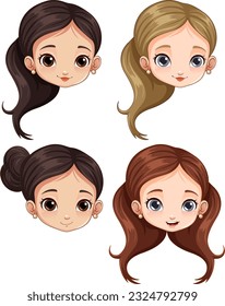 Set of cute female cartoon face illustration