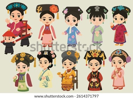 A set of Cute female characters from ancient Chinese harems.Queen, Concubines, Princess, Eunuch, Empress. cartoon Chinese women icon set. set of Chinese historical person. 