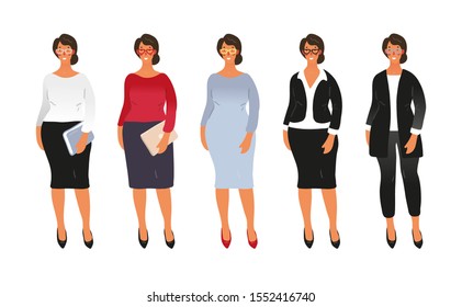 Set of cute female characters for business design, training, education. Female character in a flat design in full growth in different clothes. Business woman with book and laptop, manager, office empl