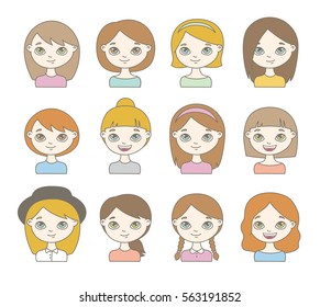 Set of cute female characters. Cartoon avatars. Smiling girls with different hairstyles. 