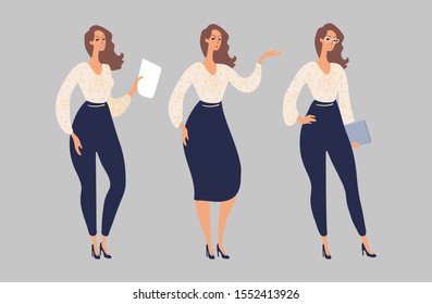 Set of cute female characters in a flat design. Full-length women in business clothes with papers and a laptop. Business woman, teacher, secretary, student. Stock vector illustration isolated on white