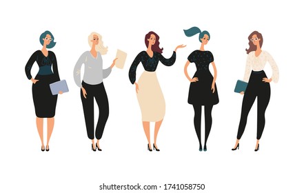 Set of cute female characters in a flat design. Full-length women in business clothes with papers and a laptop. Business woman, teacher, secretary, student. Stock vector illustration isolated on white