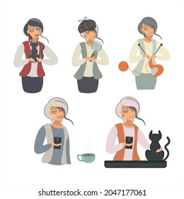 Set of cute female characters of old age at home. A lady with a cat, a magnifying glass, knits and drinks coffee. Isolated vector illustration. Fashion trends of modern people.