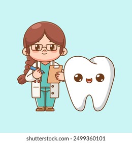  set Cute female dentist with tooth character kawaii chibi mascot illustration outline style