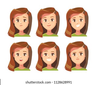 Set of cute female face expressions. collection  of woman emotions.