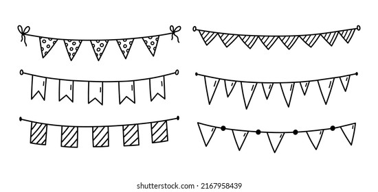Set of cute festive buntings for a party isolated on white background. Vector hand-drawn illustration in doodle style. Perfect for holiday designs, cards, decorations, logo.
