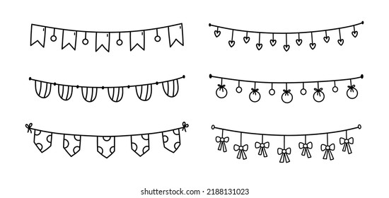 Set of cute festive buntings for a party isolated on white background. Vector hand-drawn illustration in doodle style. Perfect for holiday designs, cards, decorations, logo.