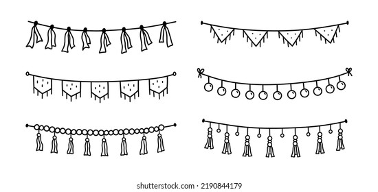 Set of cute festive buntings for a party isolated on white background. Vector hand-drawn illustration in doodle style. Perfect for holiday designs, cards, decorations, logo.