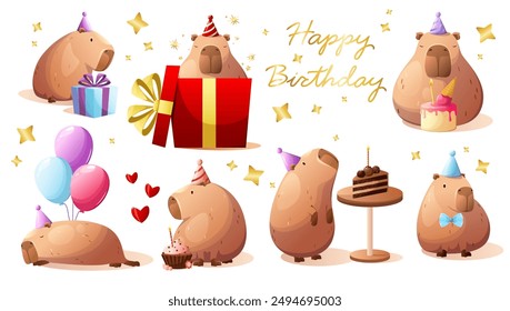 A set of cute festive capybaras. Funny cartoon-style animals on a white background. Happy Birthday.