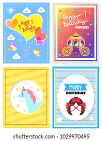 Set of cute festive cards happy birthday princess, vector illustrations with various frames, multicolored backdrops pretty unicorn and hearts carriage