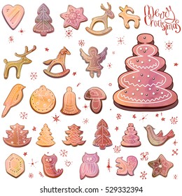 Set with cute festive Christmas cookies isolate on white. Objects for your design,posters, greeting cards, invitations.