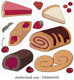 Set of cute festive desserts, berries and codite items. Elements for your design posters, cards, invitations. Colored vector illustration.