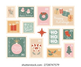 Conjunto de lindos sellos postales festivos de vacaciones y carteles vintage de Navidad con Elementos decorativos de temporada y textos de letras de felicitación. Variedad de matasellos con motivos de Navidades Ilustración vectorial
