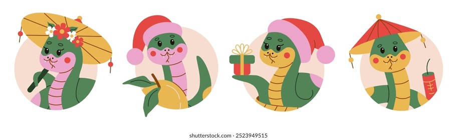 Set of cute festive snakes in flat style wearing holiday hats and holding gifts, oranges, and fireworks. Perfect for Christmas, New Year, and seasonal designs for greeting cards and decorations.