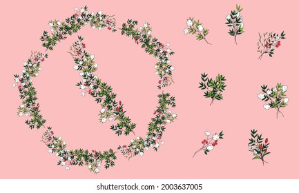 Set of cute field mini bouquets of vector flowers and branches in doodle style on a pink background.  Pattern brush. Simple flowers and plants. Isolated objects.