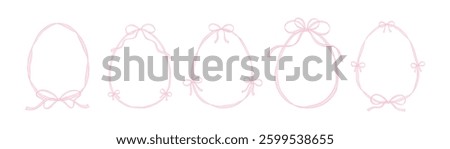 Set of cute filigree bow ribbon whimsical wavy borders. Easter egg pink hand drawn border collection. Coquette style doodle drawing. Vintage victorian aesthetic design element. Trendy concept