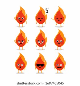 Set Of Cute Fire Cartoon Characters Design, Flame Illustration Template Vector