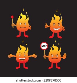 set of cute fire character design. red heat cartoon vector illustration.