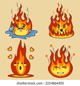 Set Of Cute Fire Emoticon, Variety Of Different Emotions Character