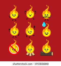 Conjunto de plantillas vectoriales de diseño de mascota de fuego tierno