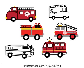 Set of cute fire truck. Collection of cartoon emergency service. Drawing for children. Vector illustration on white background. 