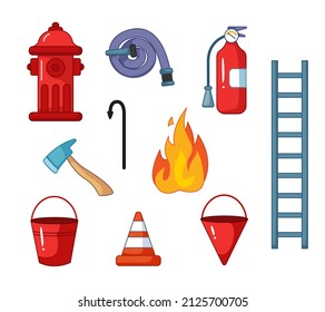 A set of cute firefighter equipment. Fire hydrant, hose, fire extinguisher, bucket, ladder, fire. Vector illustration in cartoon childish style. Isolated funny clipart on white background. cute print