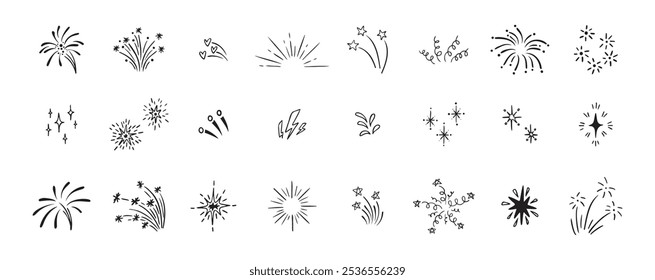 Conjunto de fogos de artifício bonitos linha doodle elementos. Relâmpago, explosão, explosão de sol, fogos de artifício, joias, efeitos de movimento Festa, aniversário, aniversário e Natal. Ilustração vetorial