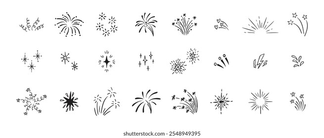 Set of cute fireworks line doodle elements. Lightning, explosion, sunburst, fireworks, bling, motion effects Party, birthday, anniversary and Christmas. Vector illustration