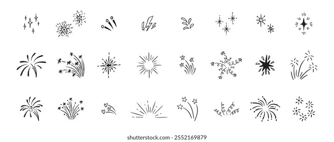 Set of cute fireworks line doodle elements. Lightning, explosion, sunburst, fireworks, bling, motion effects Party, birthday, anniversary and Christmas. Vector illustration