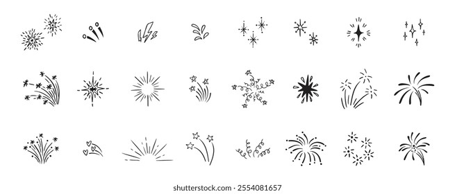 Set of cute fireworks line doodle elements. Lightning, explosion, sunburst, fireworks, bling, motion effects Party, birthday, anniversary and Christmas. Vector illustration