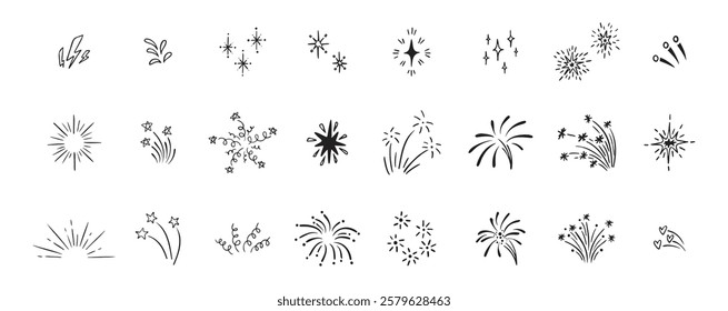 Set of cute fireworks line doodle elements. Lightning, explosion, sunburst, fireworks, bling, motion effects Party, birthday, anniversary and Christmas. Vector illustration