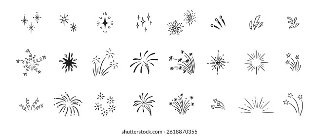 Conjunto de fogos de artifício bonitos linha doodle elementos. Relâmpago, explosão, explosão de sol, fogos de artifício, joias, efeitos de movimento Festa, aniversário, aniversário e Natal. Ilustração vetorial