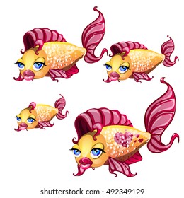 A set of cute fish with animated lips isolated on white background. Vector illustration.
