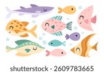 Set with cute fish, isolated cartoon sea character. Ocean animal clipart. Nautical hand drawn vector illustration in flat style