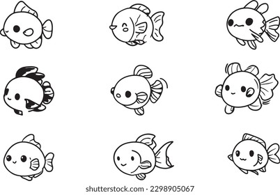 Set of Cute Fish line art vectors 