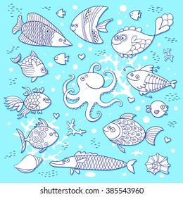Set cute fish and octopus for the design of child coloring. Vector illustration.