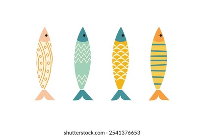 Set Pescado lindo sobre fondo blanco. Elemento de la vida oceánica en dibujos animados de doodle. Ilustración vectorial para el icono, logotipo, impresión, icono, tarjeta, emblema, etiqueta. Ilustración vectorial