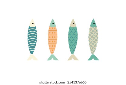 Set Pescado lindo sobre fondo blanco. Elemento de la vida oceánica en dibujos animados de doodle. Ilustración vectorial para el icono, logotipo, impresión, icono, tarjeta, emblema, etiqueta. Ilustración vectorial