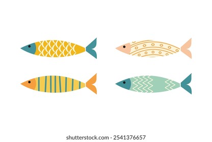 Set Pescado lindo sobre fondo blanco. Elemento de la vida oceánica en dibujos animados de doodle. Ilustración vectorial para el icono, logotipo, impresión, icono, tarjeta, emblema, etiqueta. Ilustración vectorial