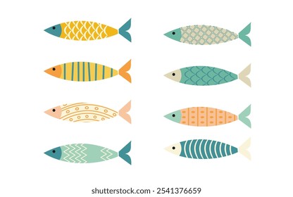 Set Pescado lindo sobre fondo blanco. Elemento de la vida oceánica en dibujos animados de doodle. Ilustración vectorial para el icono, logotipo, impresión, icono, tarjeta, emblema, etiqueta. Ilustración vectorial