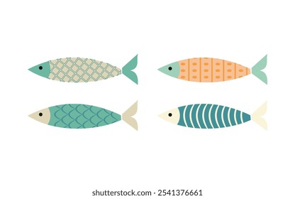 Set Pescado lindo sobre fondo blanco. Elemento de la vida oceánica en dibujos animados de doodle. Ilustración vectorial para el icono, logotipo, impresión, icono, tarjeta, emblema, etiqueta. Ilustración vectorial