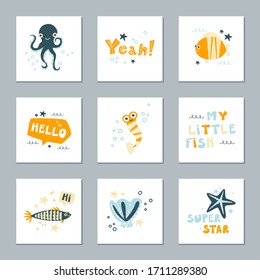 Set of cute fish and other animal of wildlife undersea. Cartoon characters for kids, toddlers and babies fashion. Vector illustration.