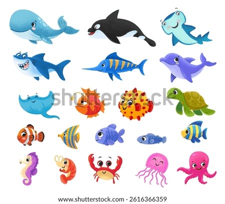 set of cute fish and sea animals characters