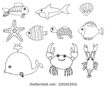 A set of cute fishes for coloring. Vector illustration.